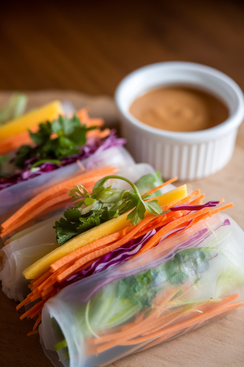 Indoor photo of translucent rice-paper rolls showing layers of shredded carrot, purple cabbage, mango, and fresh herbs, served with a small ramekin of peanut sauce. No logos or text.