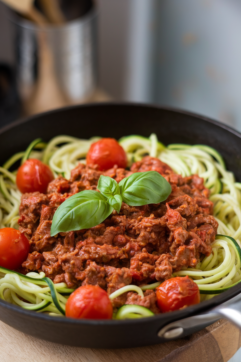 Indoor skillet containing zucchini noodles, cherry tomatoes, and savory beef sauce, basil leaf garnish—no text or logos.