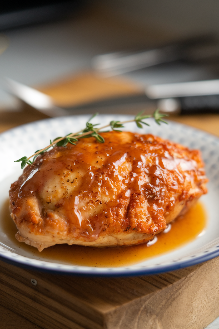 Indoor plate featuring air-fried chicken breast glazed with shiny maple-Dijon sauce, fresh thyme sprig on top, shot from eye level. No text or logos.