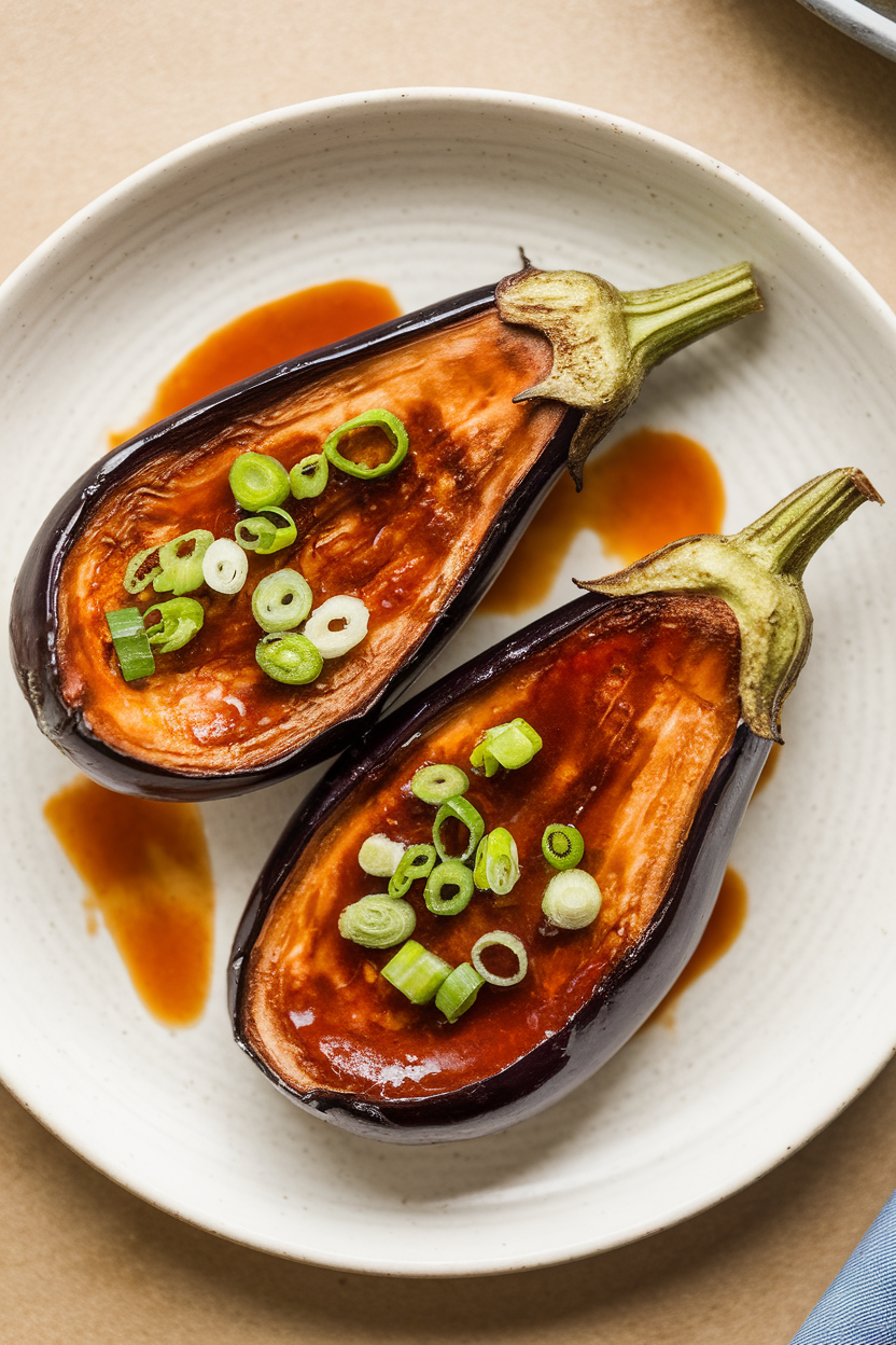 Indoor photo of broiled eggplant halves coated in shiny miso glaze, garnished with scallions; no text or logos.