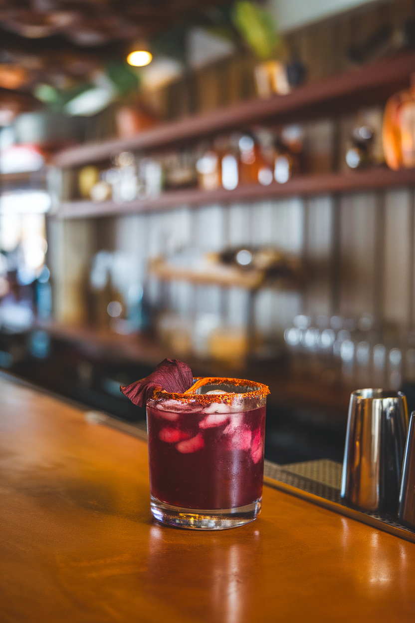 Indoor cantina-style bar with a rocks glass of deep magenta margarita, chili-salt rim, dried hibiscus petal floating. No text or logos; photograph, not illustration.