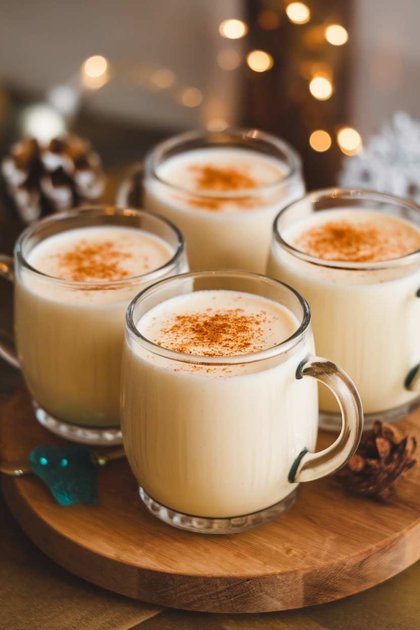 Indoor photo of chilled glass mugs of eggnog topped with grated nutmeg on a wooden table, no text or logos