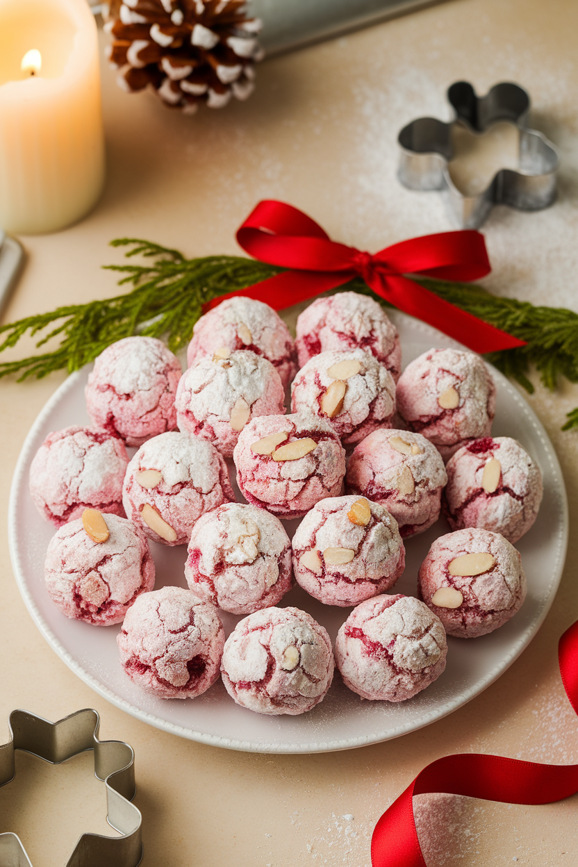 A festive indoor plate with pink-tinged cherry snowball cookies coated in powdered sugar and dotted with almond slivers. Photo, no text or logos.