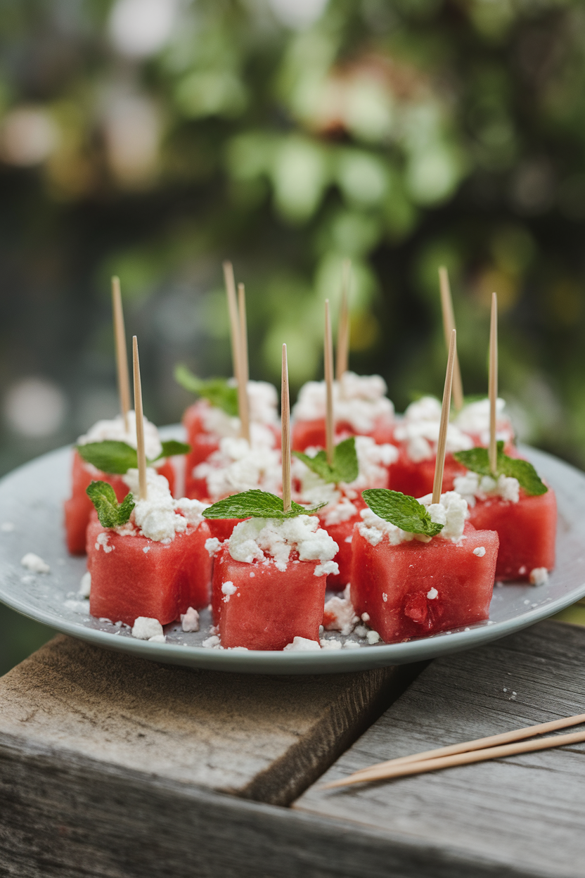 Indoor plate of bite-size watermelon cubes topped with crumbled feta and tiny mint leaves, each secured with a toothpick—photo, no text or logos.