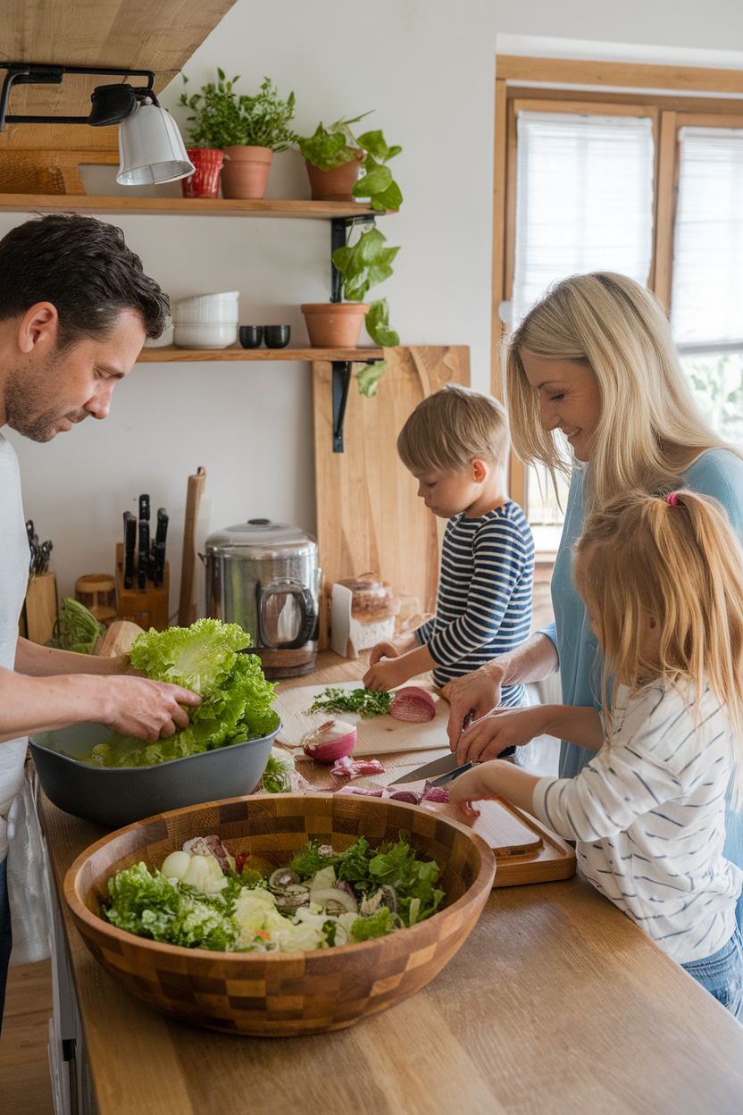Indoor family kitchen where adults and kids prepare a big salad together, no text or logos. Photo.