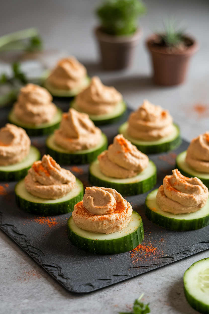 An indoor photo of cucumber rounds topped with dollops of hummus and a light sprinkle of smoked paprika, arranged on a slate board. No text or logos.