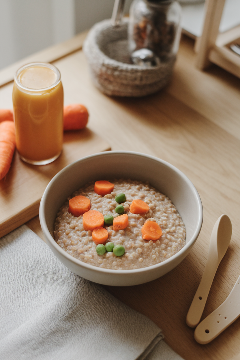 A toddler bowl on an indoor breakfast table containing warm millet porridge dotted with carrot and pea pieces. No text or logos.