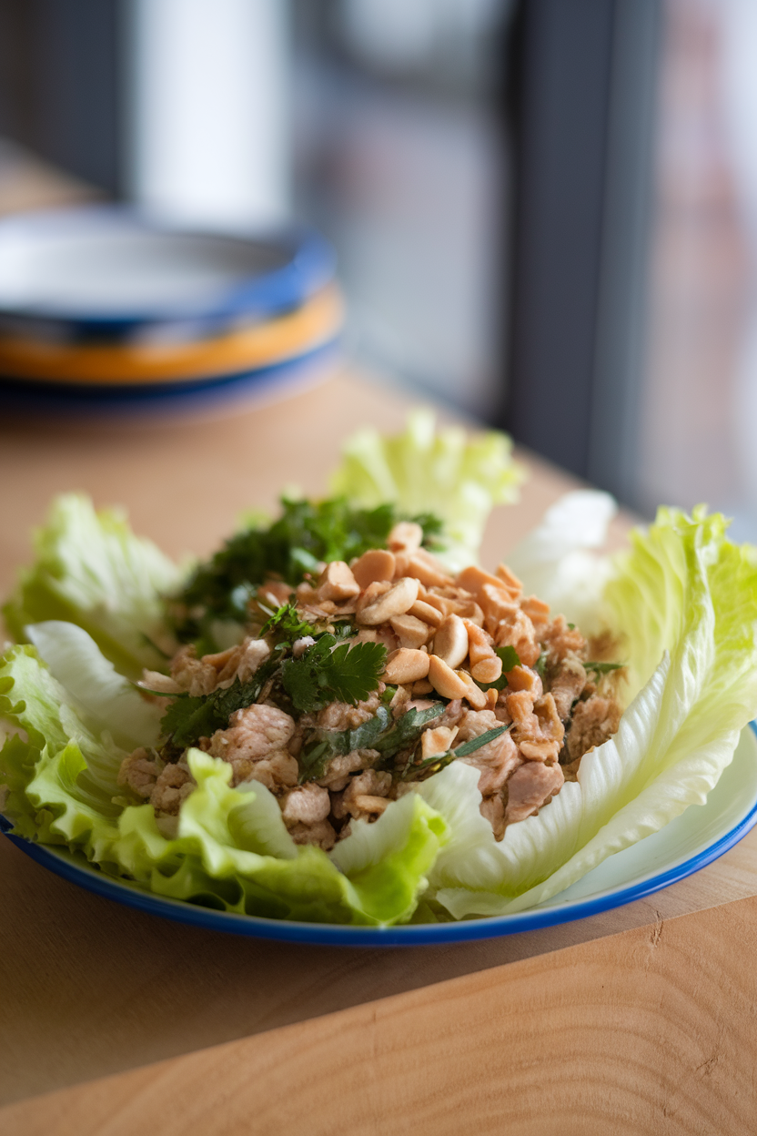 Photo of an indoor plate arranged with crisp butter lettuce leaves filled with minced chicken, herbs, and chopped peanuts; no text or logos.