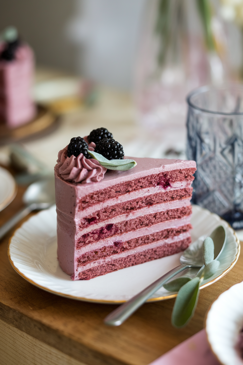 An indoor garden-party plate showing a mauve cake slice with blackberry buttercream and tiny sage leaves for garnish. No text or logos. Photo, not illustration.