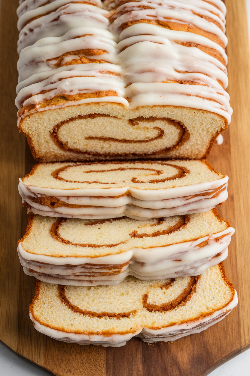 An indoor bread board featuring a sliced cinnamon swirl loaf, icing drizzled on top, soft cinnamon spirals visible. No text or logos. Photo.
