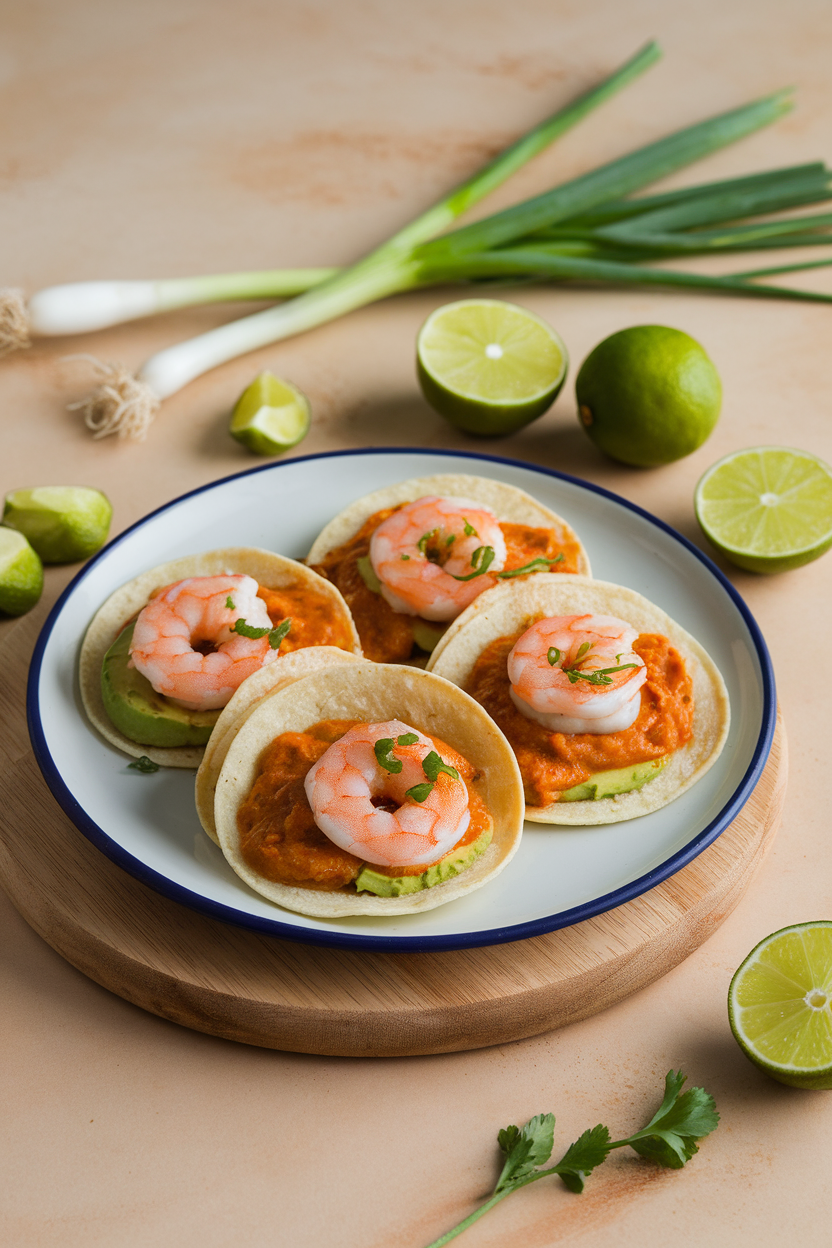 Indoor plate featuring cooked shrimp and avocado slices rolled in tortillas, topped with lime-slicked tomatillo sauce, no logos.