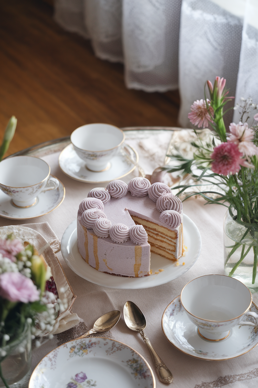 An indoor afternoon-tea table featuring a delicate almond cake slice, pale lavender frosting swirls, and a drizzle of honey. No text or logos. Photo, not illustration.