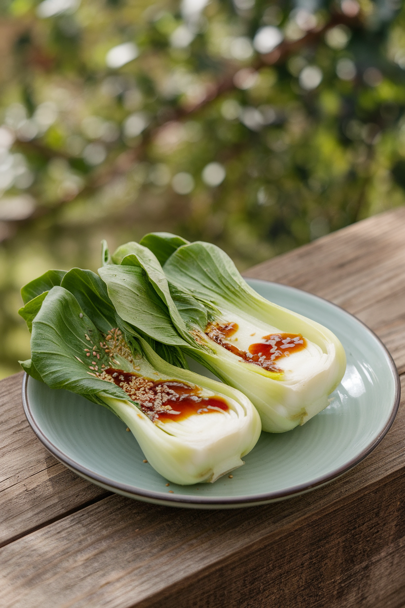 Indoor plate of baby bok choy halves lightly glazed with ginger-soy dressing, sesame seeds sprinkled. No text or logos.