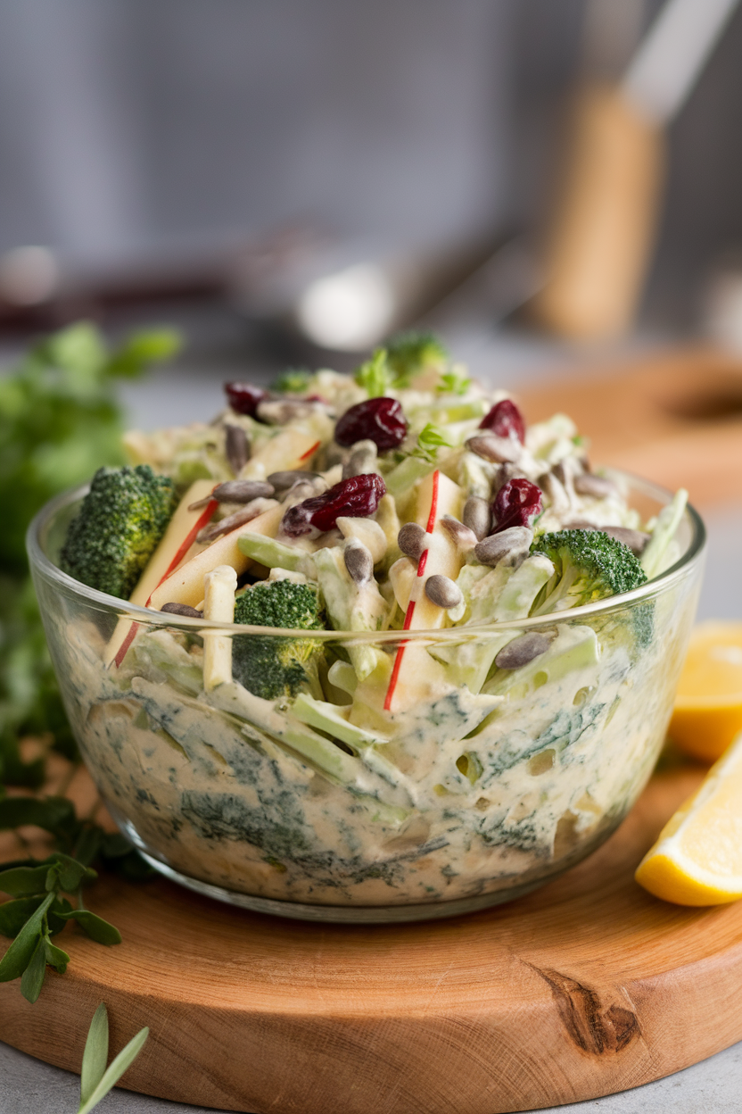 Indoor photo of a glass bowl filled with shredded broccoli stalks, matchstick apples, dried cranberries, and sunflower seeds in a creamy dressing. No text or logos.