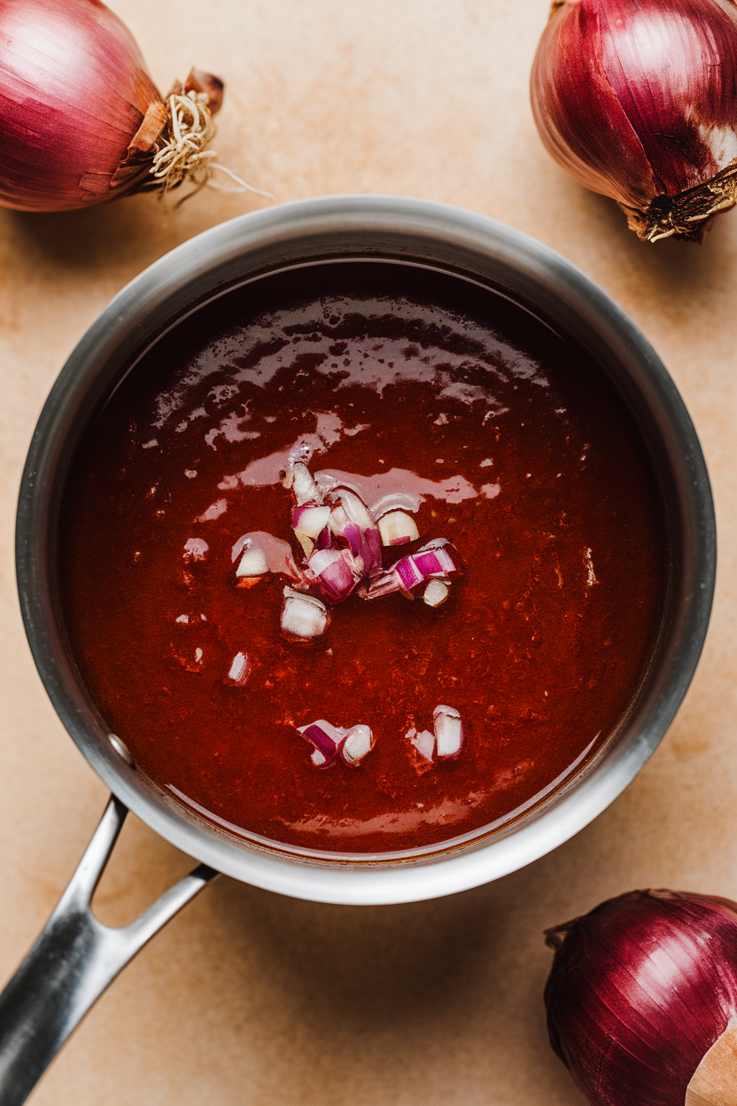 Indoor photo of deep red gravy in a small saucepan, shallot pieces visible, no text or logos.