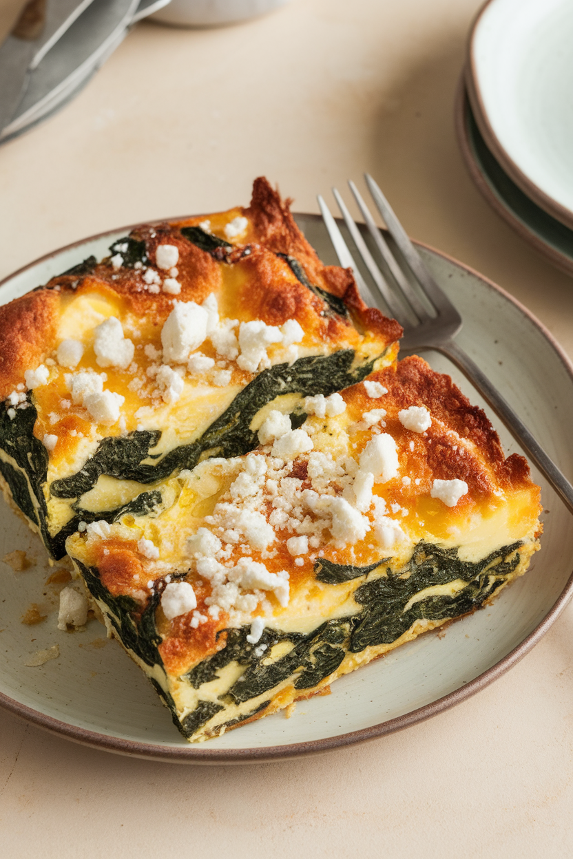 Indoor photo of sliced egg casserole with visible spinach and feta crumbles on a plate, no text or logos.