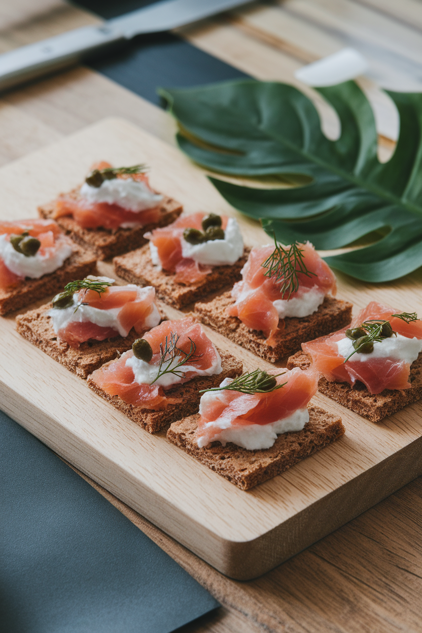 An indoor cutting board with rye crispbread squares topped with flakes of cooked smoked trout, yogurt-dill sauce, and capers—photo, no text or logos.