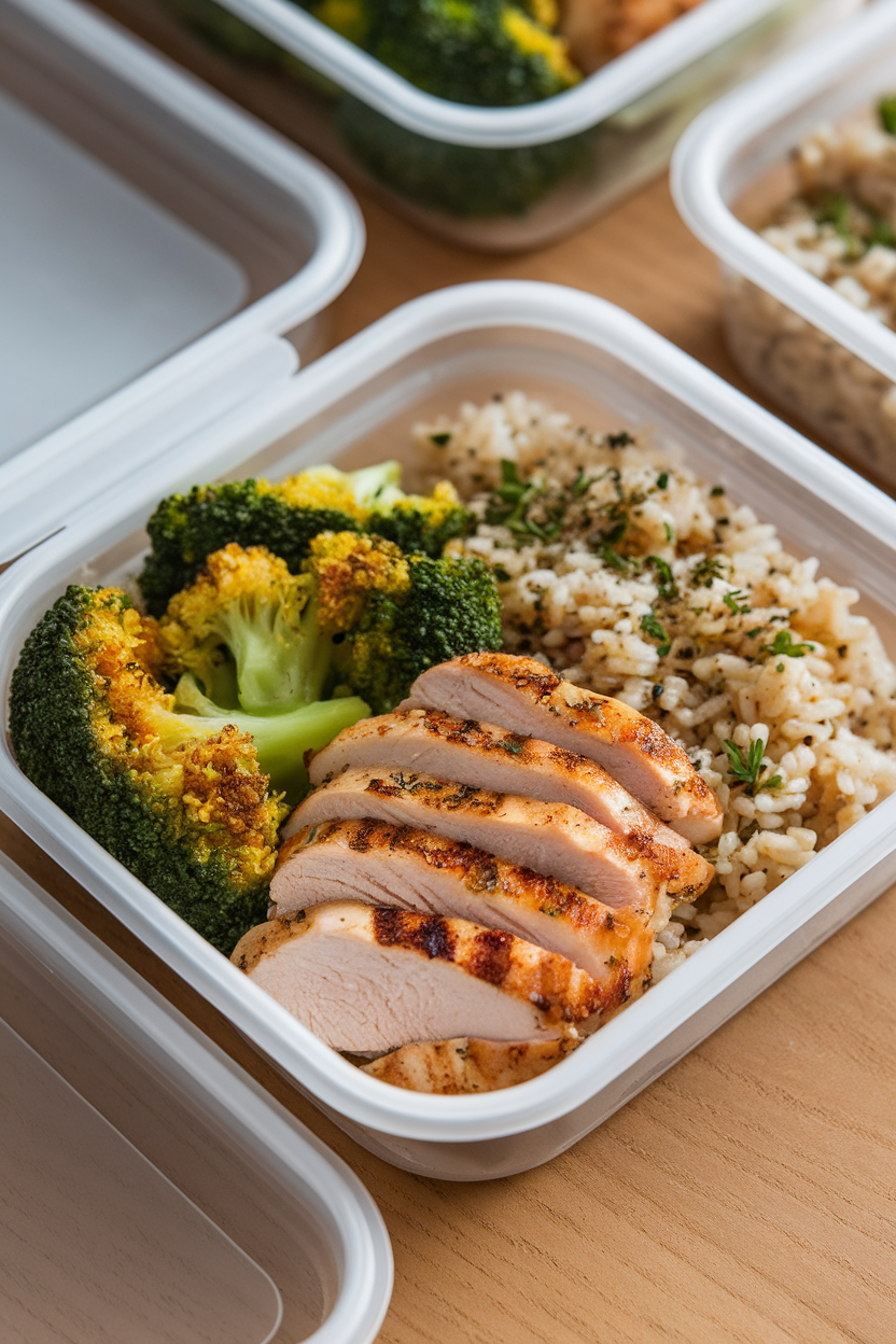 A neatly arranged meal-prep container indoors with sliced grilled chicken breast, bright green steamed broccoli, and a side of brown rice seasoned with herbs. No text or logos present. Photo only.