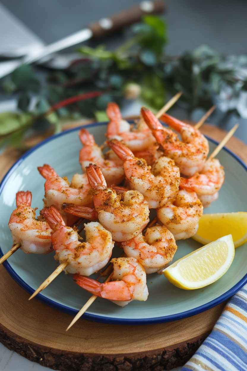 Photo prompt: An indoor platter of cooked shrimp skewers dusted with tikka spices, lemon wedges on side. No text or logos anywhere.