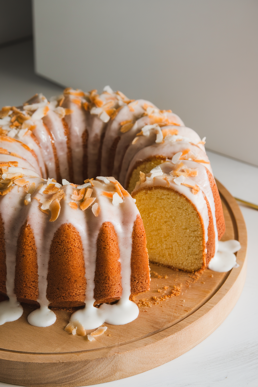 Indoor photo of a Bundt cake drizzled with lime glaze and toasted coconut flakes, slice removed to show moist crumb, no text or logos