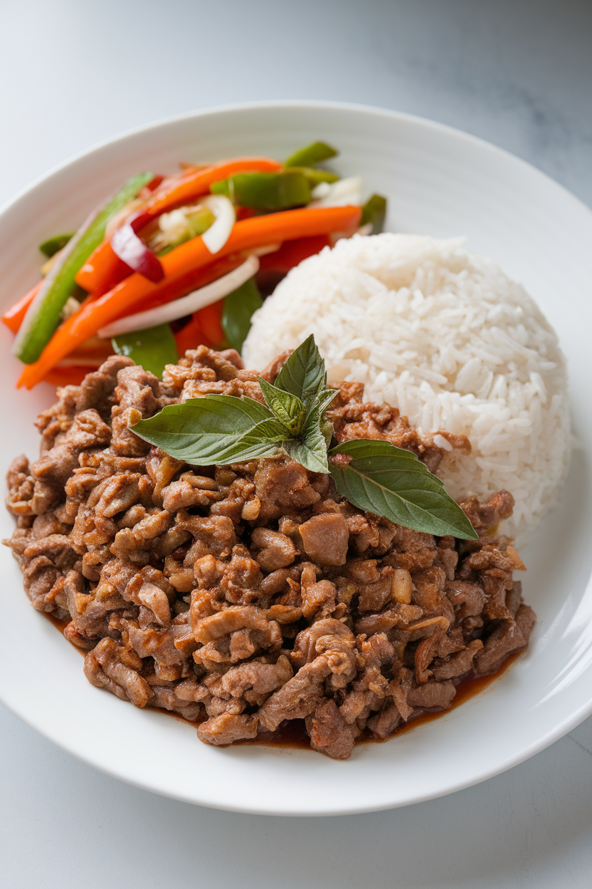 Indoor photo of minced beef with Thai basil, jasmine rice, and mixed stir-fried vegetables on a plate. No text or logos.