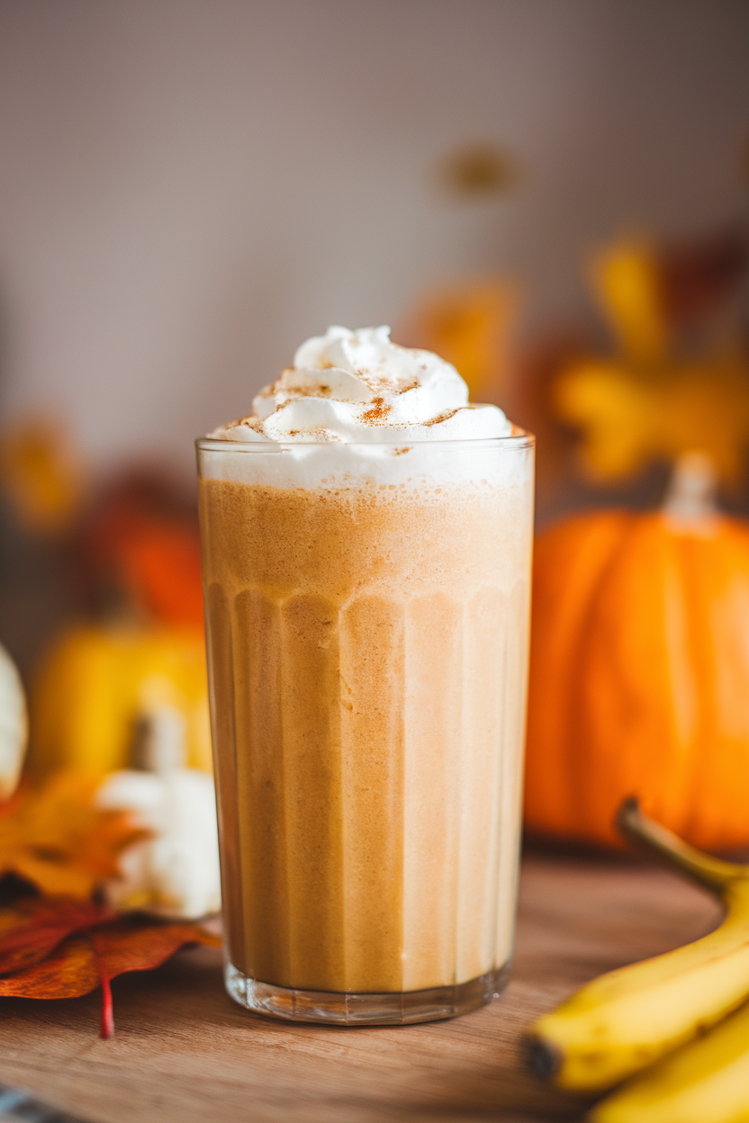 Tall glass indoors of pumpkin banana smoothie topped with whipped cream and a light dusting of nutmeg, no text or logos.