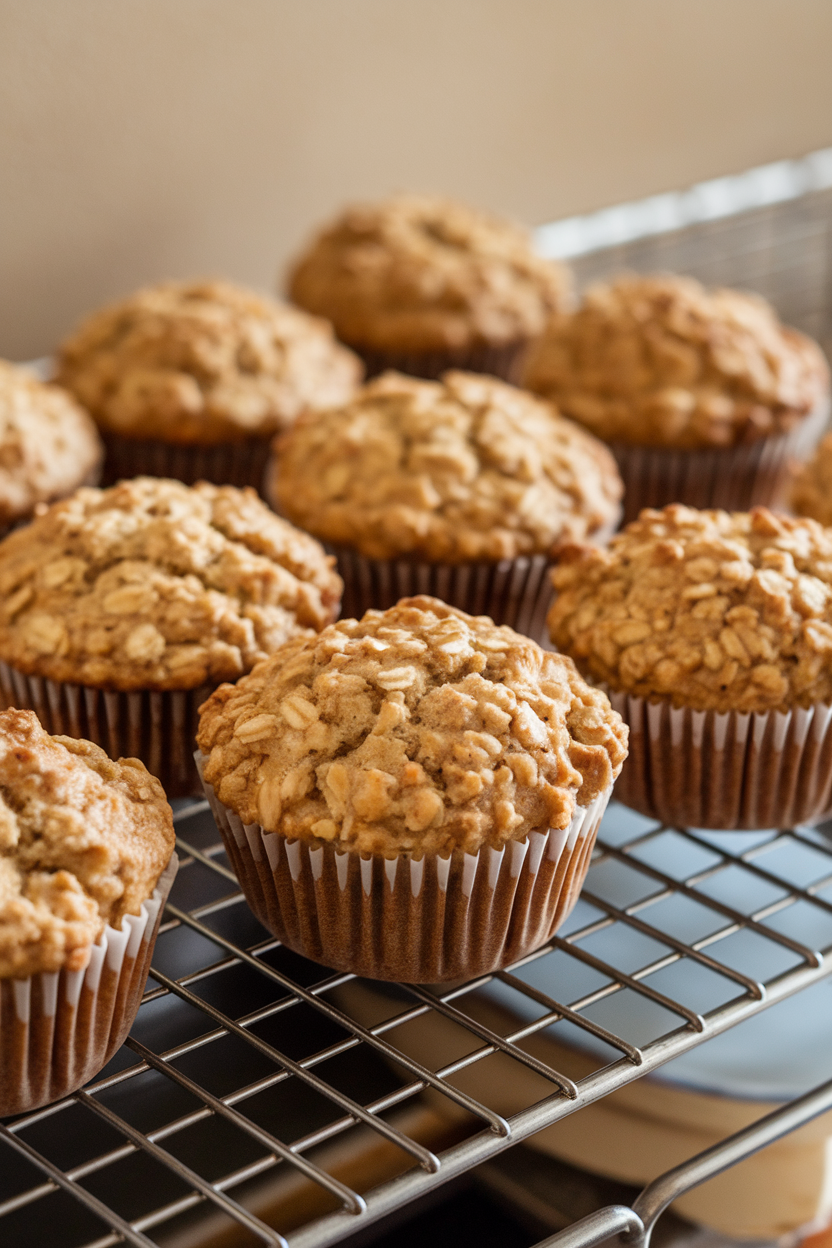 Wire rack of freshly baked oatmeal banana muffins cooling, indoor photo, no text or logos