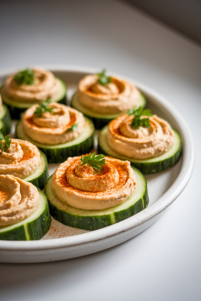 Indoor photo of thick cucumber rounds topped with a swirl of classic hummus, garnished with a sprinkle of paprika and chopped parsley, arranged neatly on a white ceramic platter. Soft kitchen lighting, shallow depth of field, no text or logos visible.