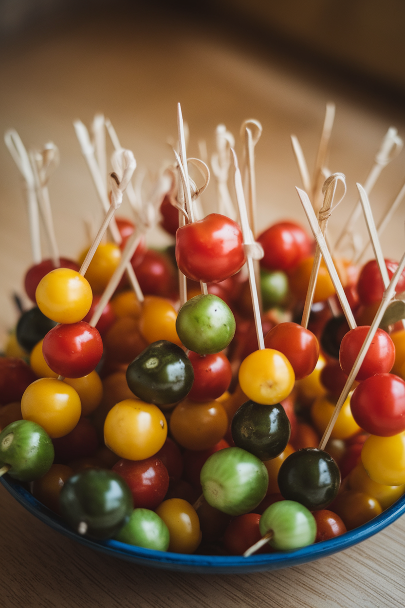 Indoor shot of multicolored cherry tomatoes threaded on short bamboo skewers, drizzle of olive oil visible. No logos.