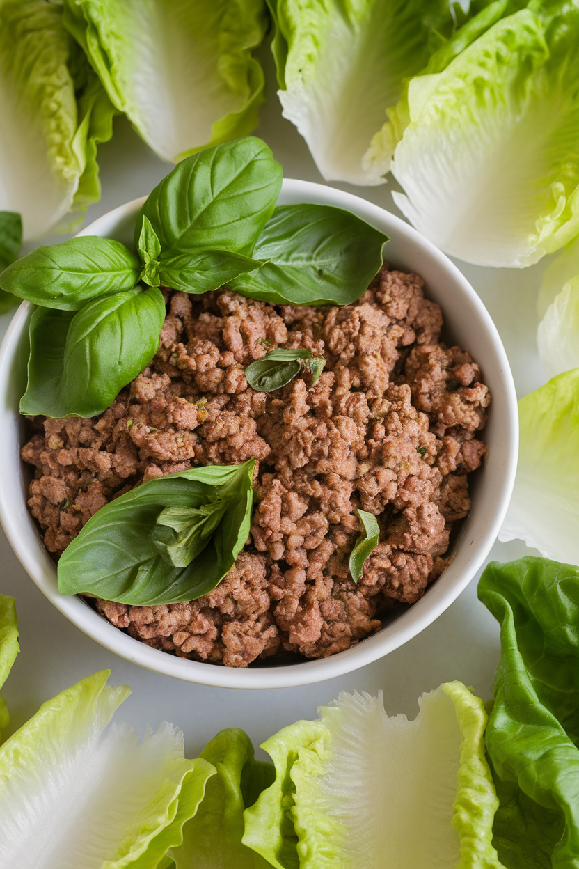 Indoor photo of ground beef mixture with basil leaves in a white bowl, lettuce cups arranged on the side, no text or logos.
