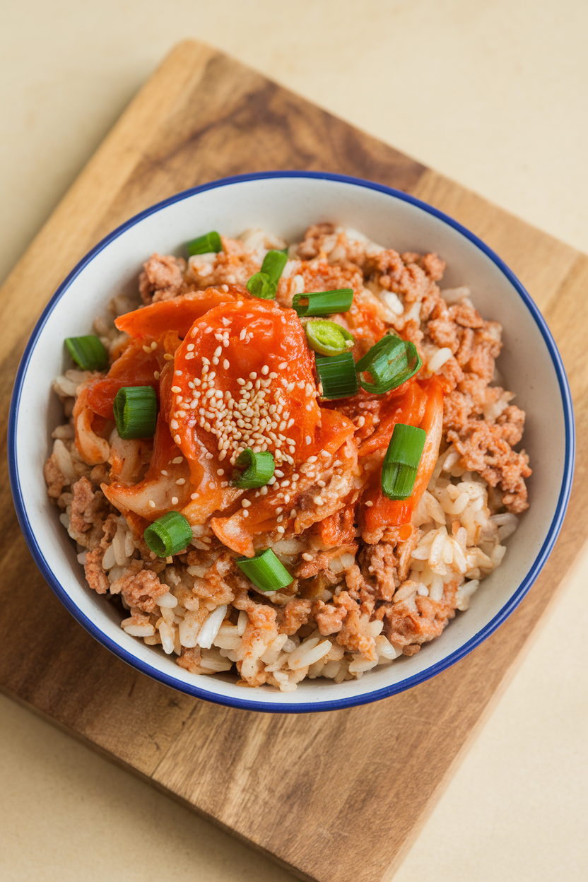 Indoor photo of a bowl of brown rice stir-fried with ground turkey, chopped kimchi, and green onions, sesame seeds scattered on top, no text or logos.