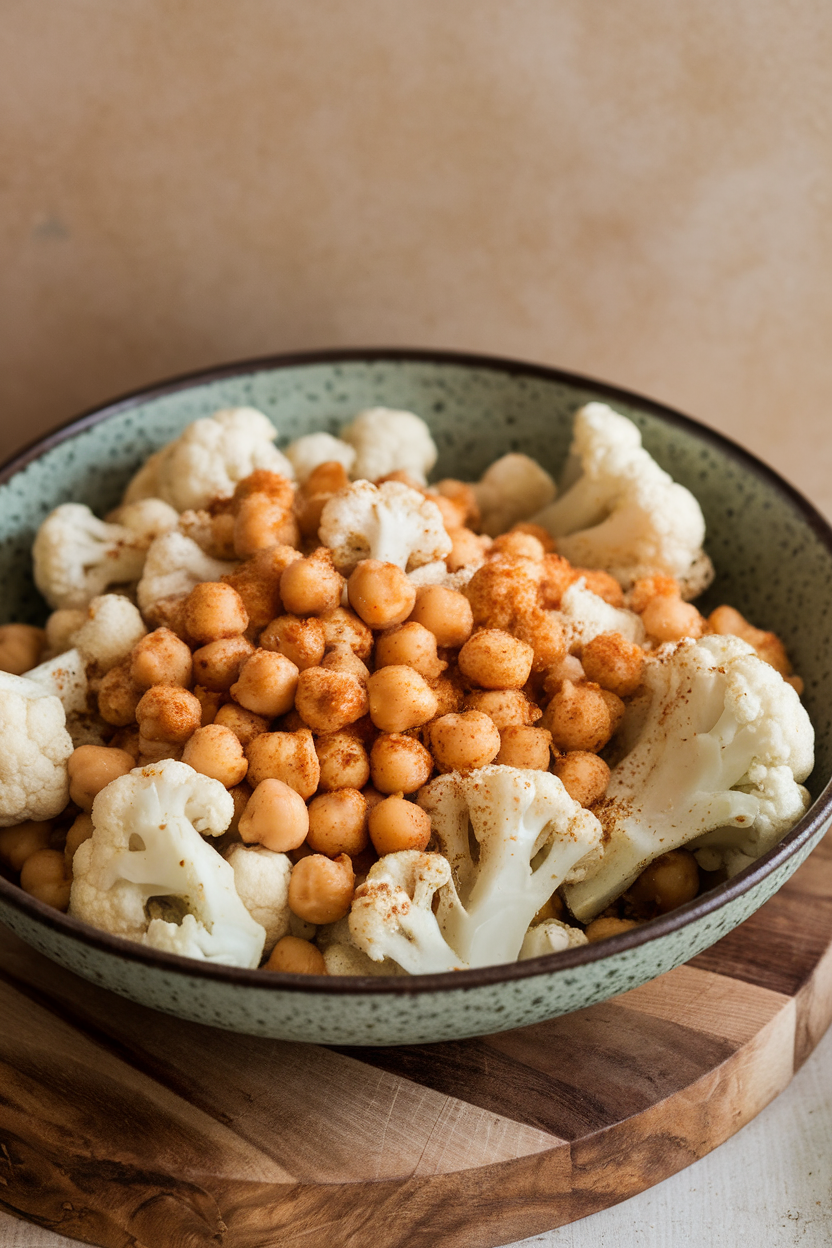 A shallow bowl of warm cauliflower florets and chickpeas coated in spices, indoors. No text or logos.