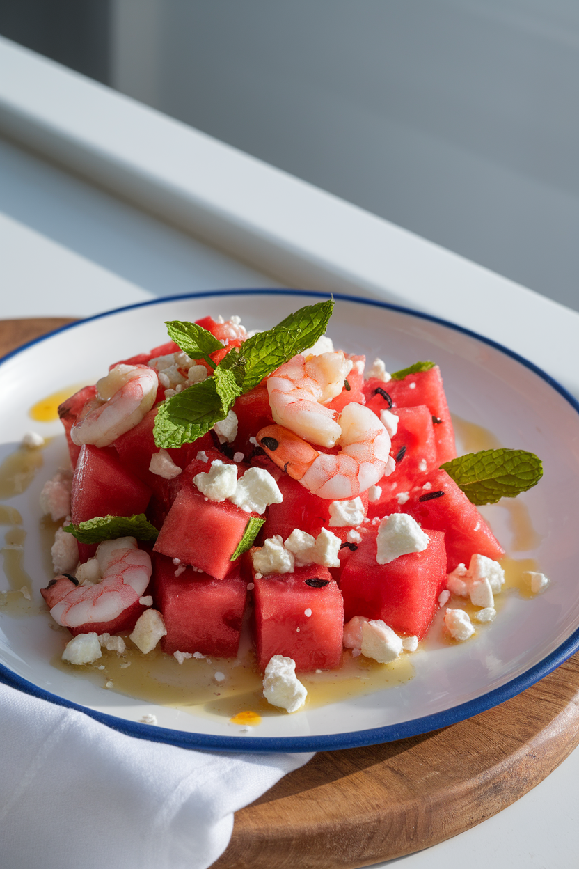 Indoor plate photo of cubed watermelon, feta, mint, and cooked shrimp, light drizzle of vinaigrette; bright daylight, no text or logos.