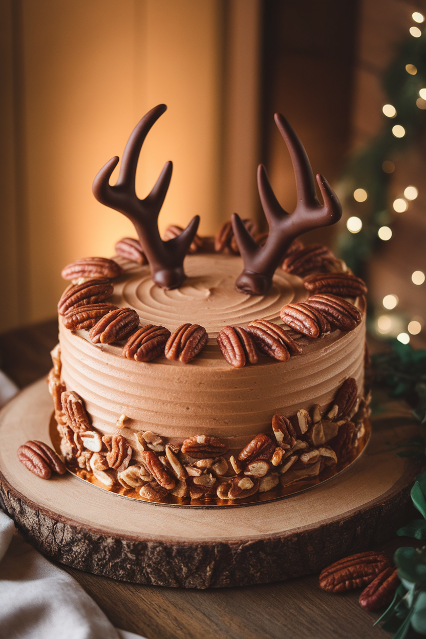 Caramel-colored cake indoors topped with two chocolate antlers rising high, scattered candied pecan pralines around the edges. Warm lighting, no text or logos.