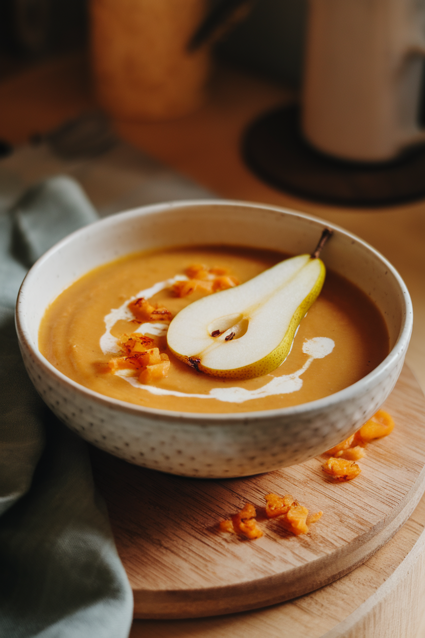 Photo of light golden parsnip-pear soup in a white bowl, pear slice garnish, indoor lighting. No text or logos.