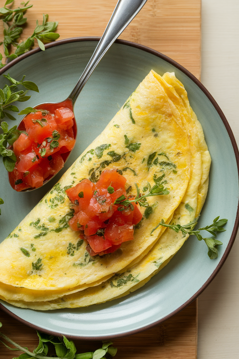 Indoor photo of a thin herb omelette folded on a plate with a spoonful of fresh tomato relish on top; overhead, no text or logos
