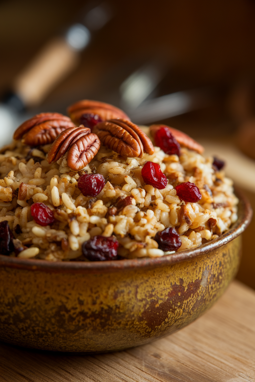 Photo of wild rice stuffing with pecans and dried cranberries in a rustic bowl, indoor lighting, no text or logos.