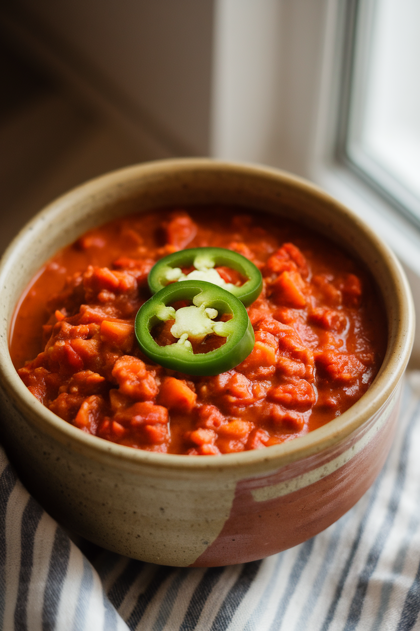 Photo of a ceramic bowl of turkey and sweet potato chili garnished with sliced jalapeños, indoor setting, no text or logos