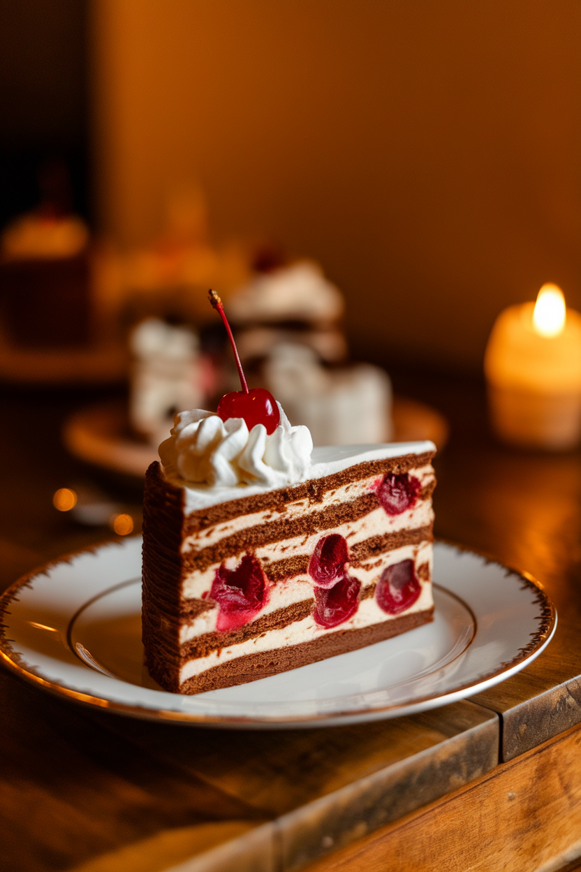 A warmly lit indoor dessert plate holding a slice of chocolate-cherry layer cake with white whipped cream and a single maraschino cherry on top. No text or logos. Photo, not illustration.