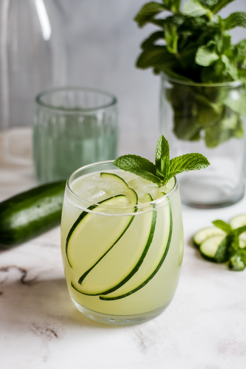 Indoor spa-style setup with a clear glass of pale green cucumber mint drink, thin cucumber ribbon spiraling inside, mint leaf garnish. Photo, no text or logos.