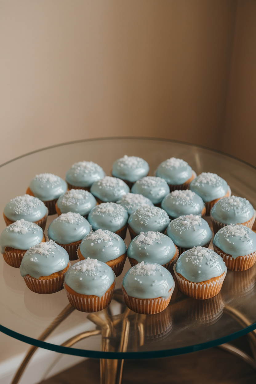 Photo of indoor glass table with cupcakes glazed in shiny pale blue mirror glaze, sprinkled with white sugar crystals, no text or logos.