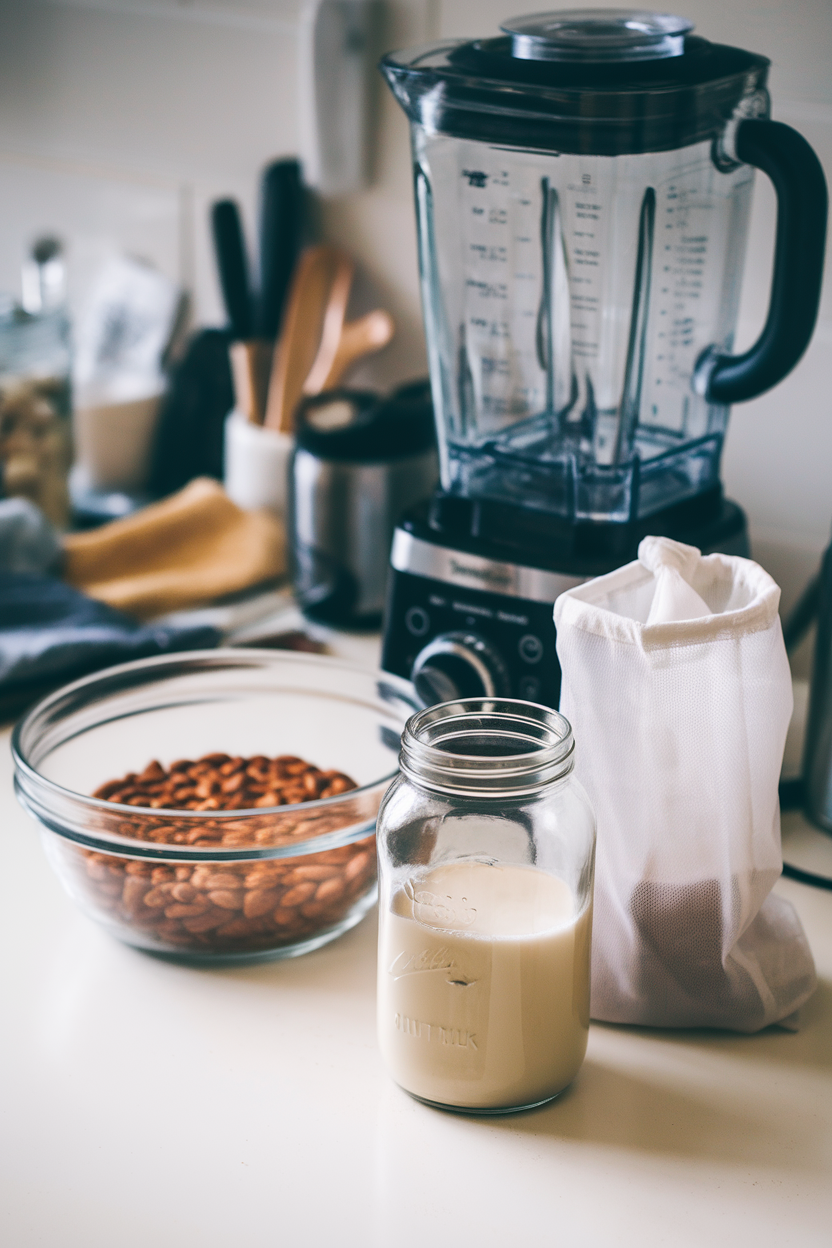 An indoor countertop with soaked almonds, a blender, and a nut-milk bag draining freshly blended almond milk into a glass jar. No text or logos. Photo.