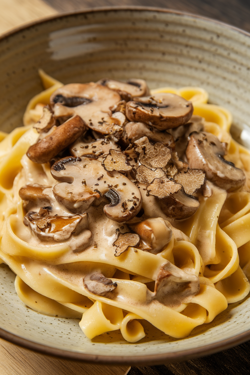 A close-up indoor shot of glossy tagliatelle noodles coated in cream sauce with sautéed mushrooms and a drizzle of truffle oil, served in a shallow pasta bowl. No text or logos, natural tungsten lighting. Photo, not illustration.