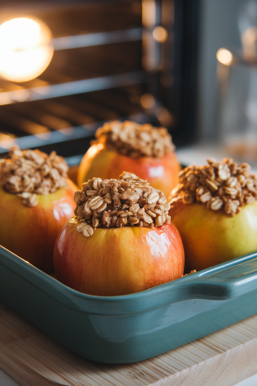 Photo of whole baked apples bursting with oat filling in a baking dish, indoor oven light glow. No text or logos.