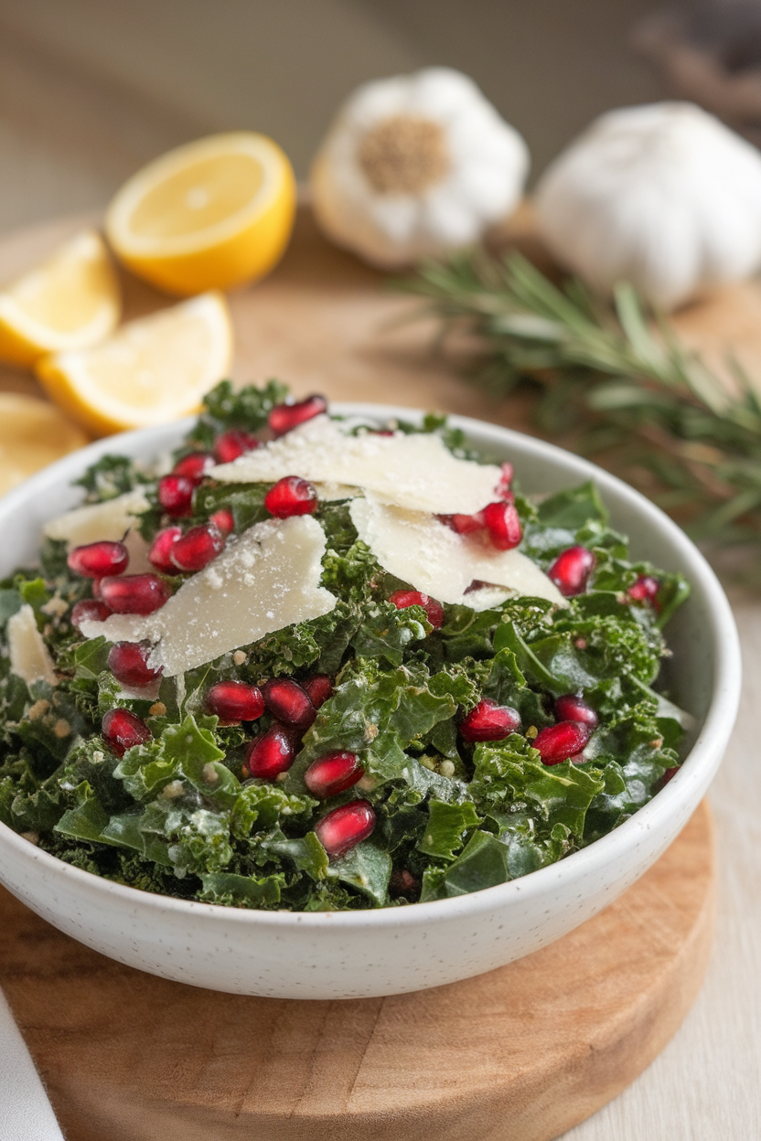 Indoor soft-lit image of a bowl of chopped kale massaged with dressing, speckled with ruby pomegranate seeds and shaved Parmesan. No text or logos.