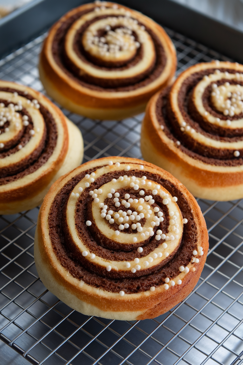 Swirled buns on a wire rack indoors, pearl sugar sprinkled on top, golden brown finish. No text or logos.