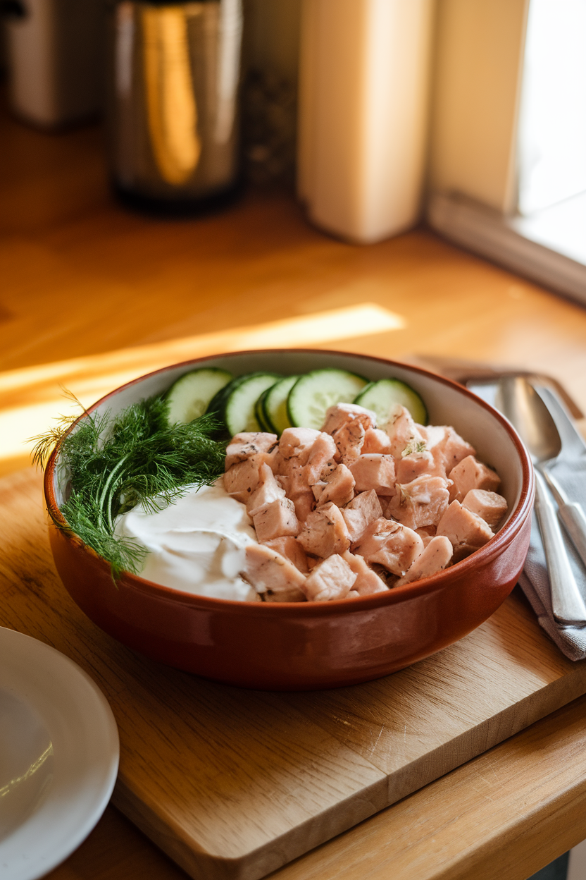 A warmly lit indoor kitchen table featuring a ceramic bowl filled with diced cooked chicken breast, creamy white Greek-yogurt dressing, fresh dill sprigs, and sliced cucumber — no text or logos anywhere in the scene, photo not illustration