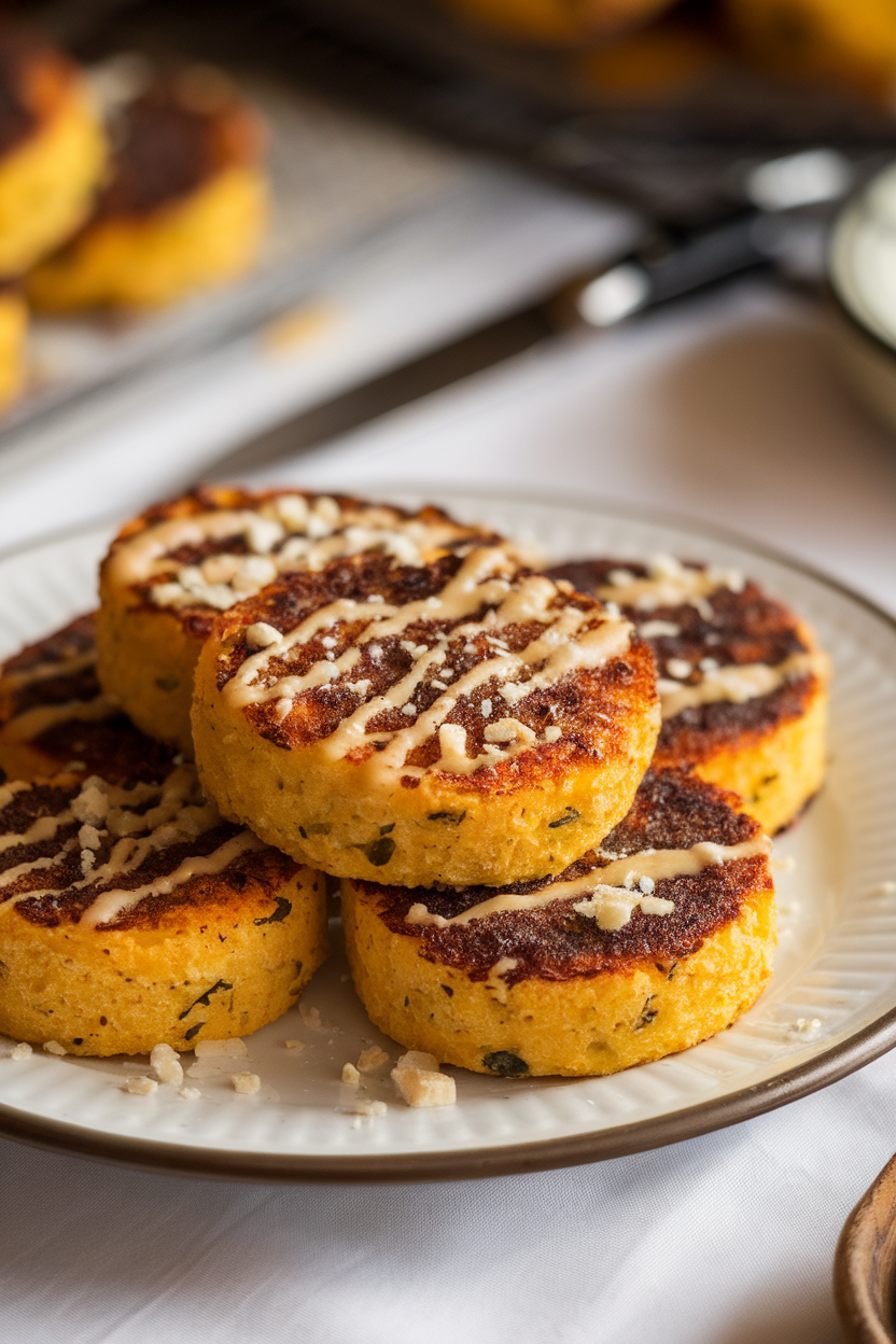 A plate of round polenta cakes seared golden, sprinkled with Parmesan and drizzled with truffle oil, shot indoors. No text or logos present.
