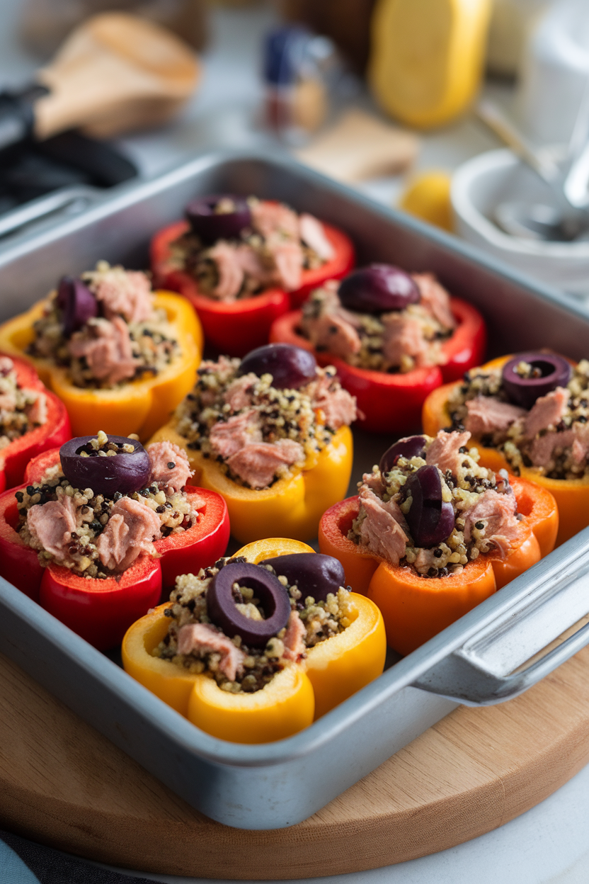 An indoor baking dish with halved bell peppers filled with tuna, olive, and quinoa mixture, lightly browned on top. No text or logos anywhere.