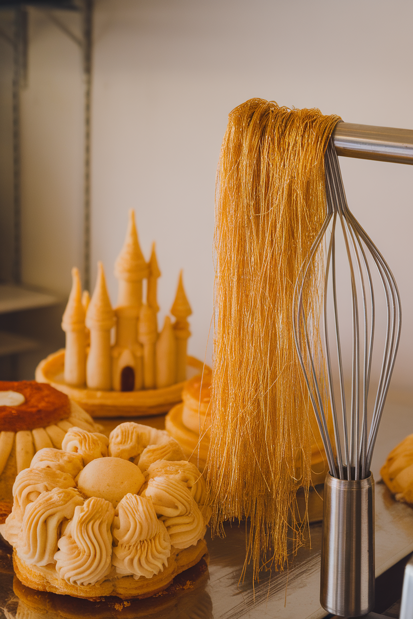 Indoor pastry counter with golden spun-sugar strands draped over a whisk handle, no text or logos